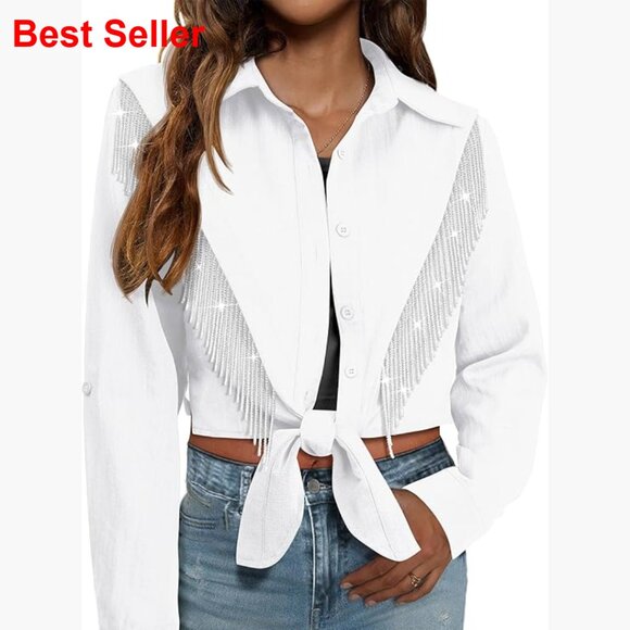 Tops - Sparkly Fringe Cropped Button Down Shirt with Rolled 3/4 Sleeves
